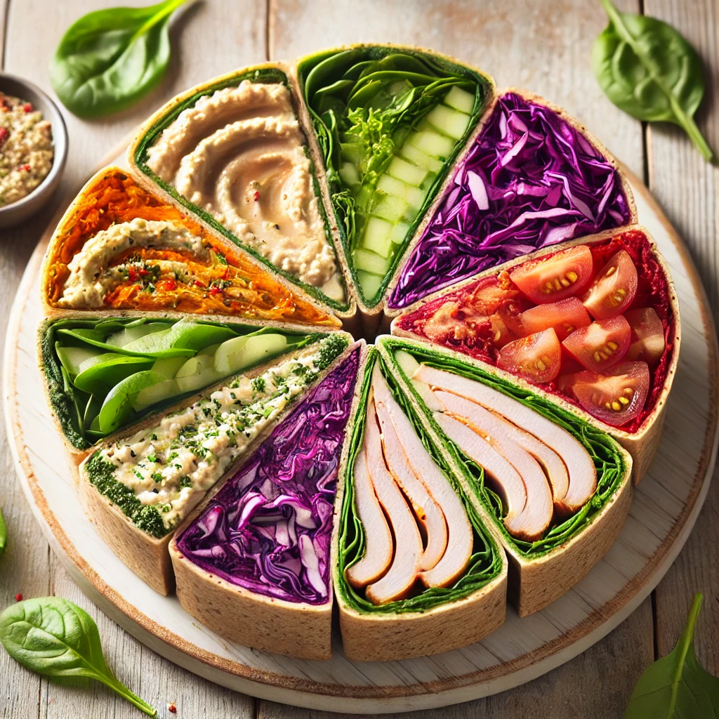 A whole wheat wrap sliced to reveal layers of hummus, shredded purple cabbage, spinach, and turkey, arranged like a color wheel.