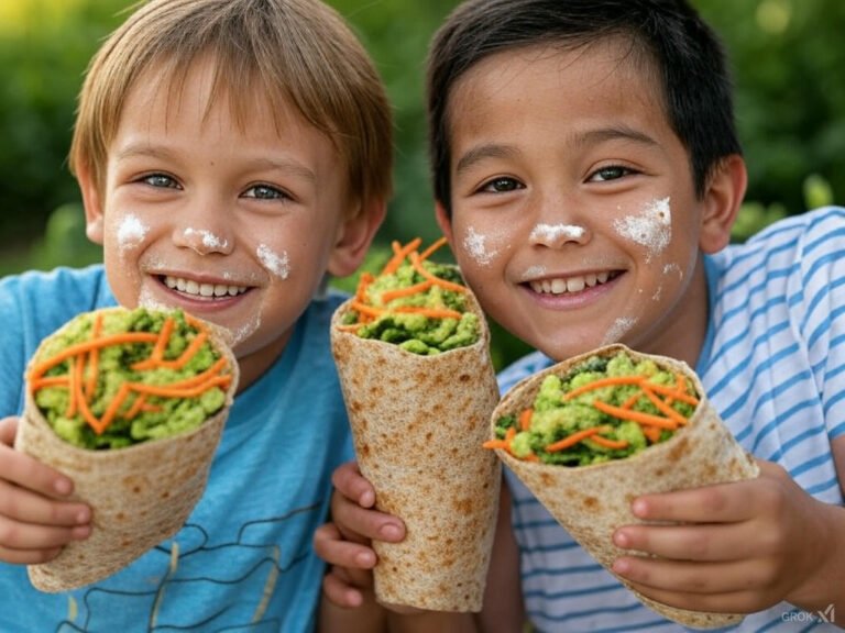 A cheerful photo of two kids holding whole wheat wraps stuffed with mashed avocado, shredded carrots, and spinach, with a smear of vegan cream cheese on their faces for a playful touch. Bright natural lighting enhances the fresh ingredients.