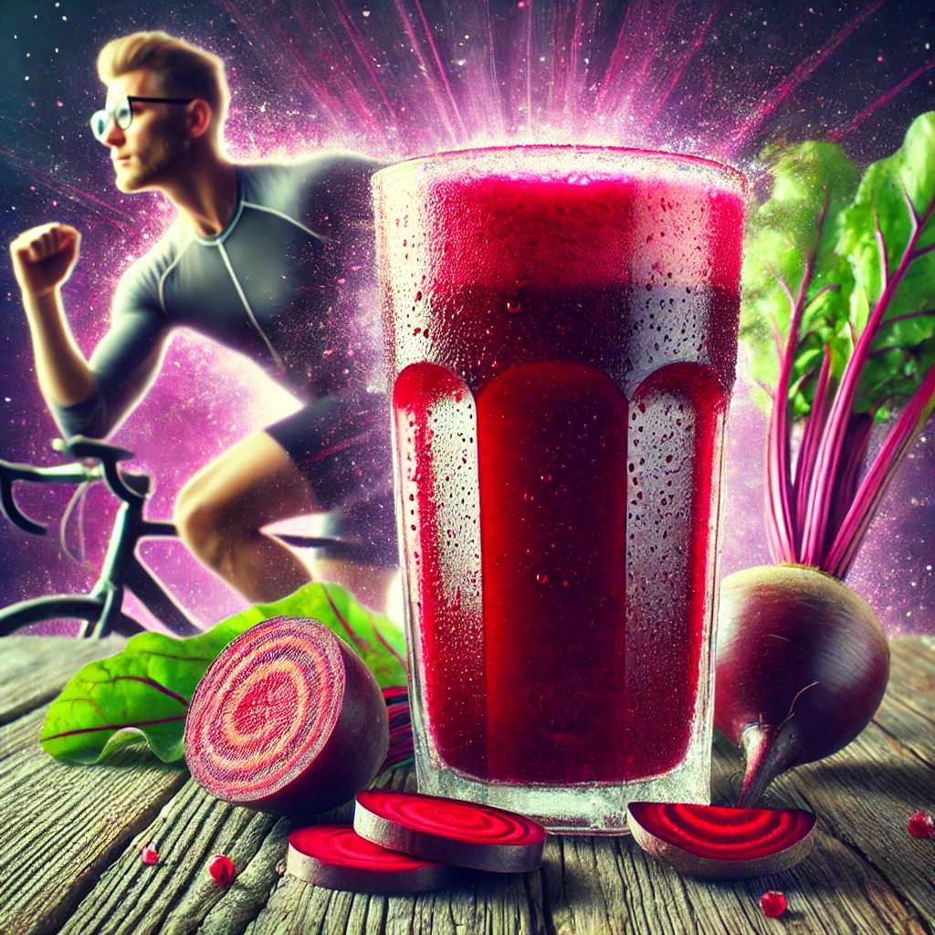 energy-boosting juices—A vibrant, high-energy digital illustration of a tall glass of deep red beet juice with condensation on the glass, placed on a rustic wooden surface. Surrounding the glass are fresh beets, some sliced to reveal their rich, red interiors. In the background, a fit athlete in motion