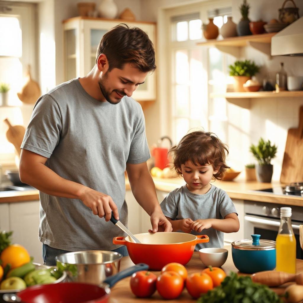 Healthy 30-Minute Meals—A vibrant kitchen scene with a parent and child cooking together, ingredients and colorful cookware spread out, warm natural lighting.