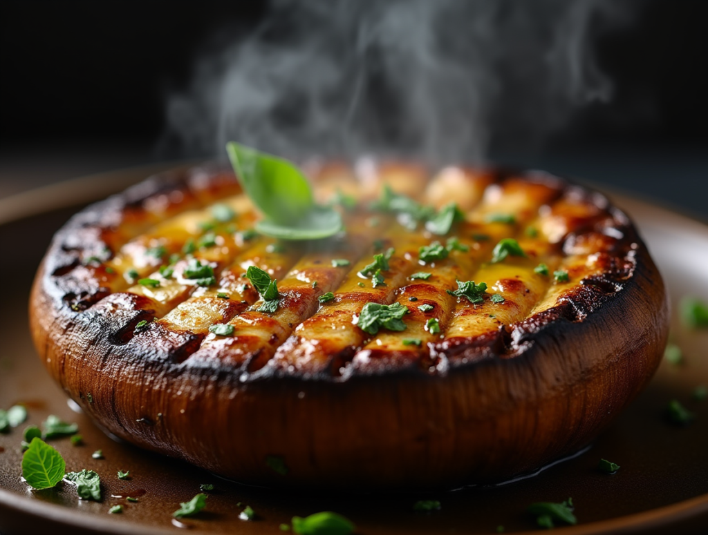 Portobello Mushroom Recipes: Close-up of a grilled Portobello mushroom cap with golden grill marks, brushed with olive oil and fresh herbs, steam rising against a dark background.