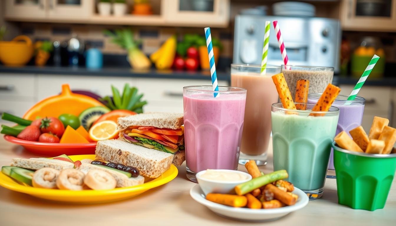 Healthy recipes for kids -Colorful and healthy kids' meal with fresh vegetable sandwiches, fruit smoothies, veggie sticks, and nutritious snacks on a kitchen countertop.