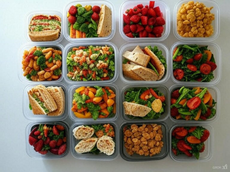 A meal prep setup with multiple no-cook lunches in meal containers. Includes sandwiches, salads, wraps, fruit bowls, and snack packs, neatly arranged on a white countertop. The scene is bright and inviting, emphasizing variety and convenience.