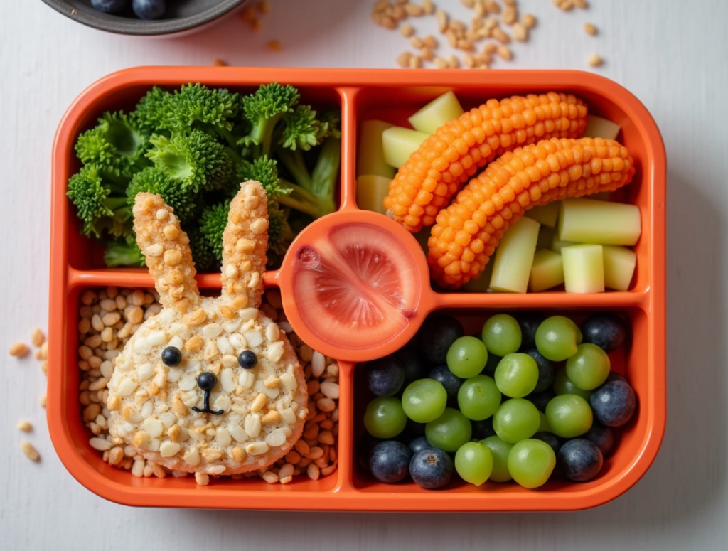 Healthy Dinners For Picky Eaters -A bento-style meal box with separate compartments containing different healthy options (fruit, vegetables, protein, grains.