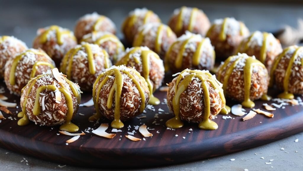 Low-Sugar Desserts: A vibrant close-up of energy balls rolled in coconut flakes, drizzled with tahini, on a rustic wooden board.