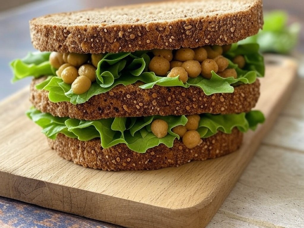 Close-up sandwich shot: A close-up of a sandwich with vegan chickpea salad oozing between two slices of whole grain bread, garnished with lettuce, on a wooden cutting board.