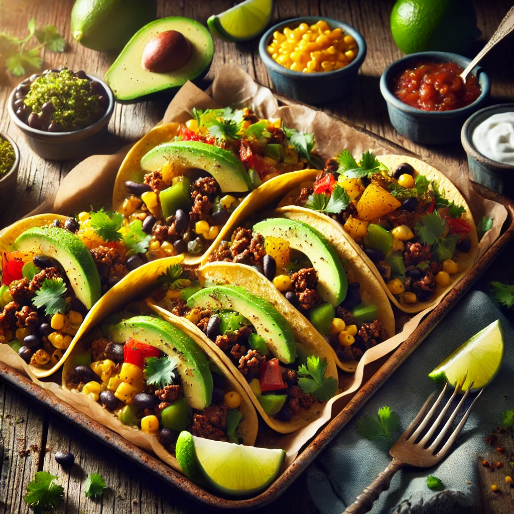 A vibrant, high-quality food photograph of sheet pan taco bowls. The dish includes seasoned ground beef, black beans, charred corn, and colorful diced