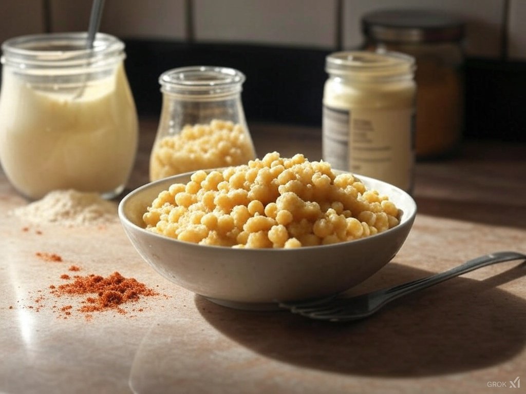 kitchen counter with a bowl of mashed chickpeas, a jar of mayo, and spices like paprika scattered around, with a fork mid-mash for action.