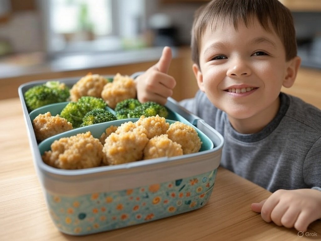 Bento-style lunch/dinner boxes with colorful compartments of turkey meatballs, steamed broccoli "trees," and brown rice, arranged on kitchen counter, child giving thumbs up.