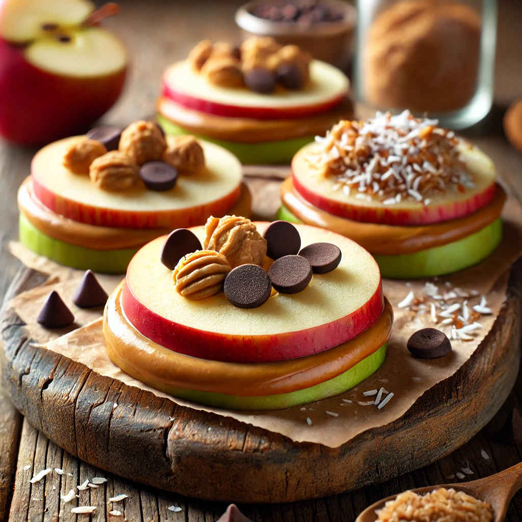 Close-up shot of apple 'cookies'—fresh apple slices topped with a smooth layer of natural peanut butter. Each slice is decorated with various toppings