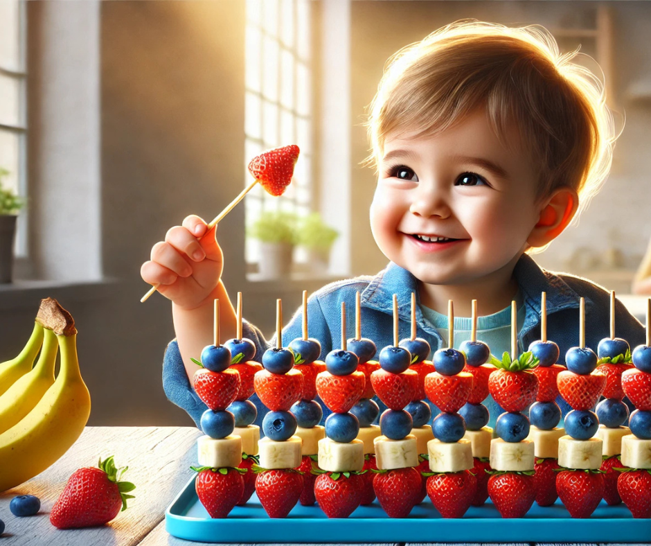 A colorful arrangement of fruit skewers with strawberries, blueberries, and banana chunks on a bright blue plate, with a smiling toddler reaching for one in the background